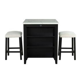 Black Dining Table Storage Side Shelves 2x Stools High Gloss Table Top White / Ivory 3pc Dining Set